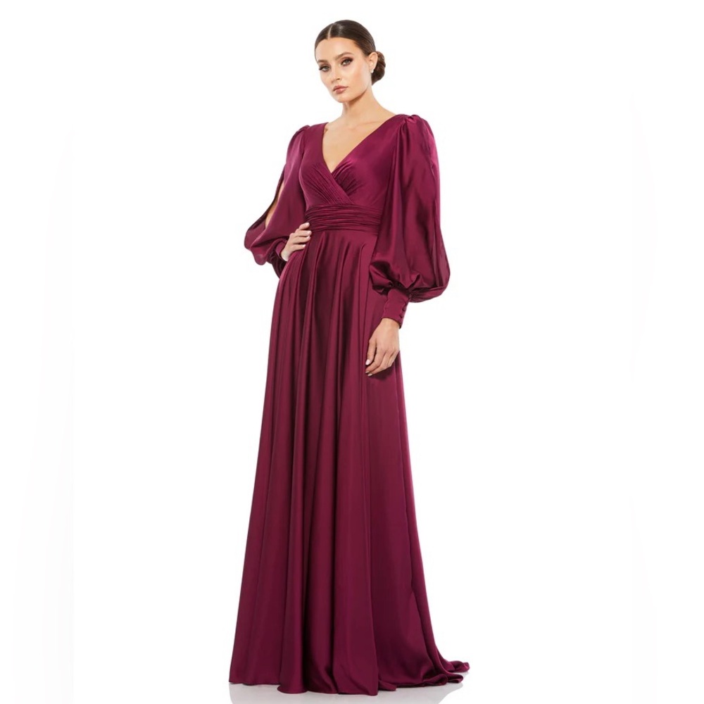 Mac Duggal SPLIT BISHOP SLEEVE WRAP FLOWY GOWN 67847